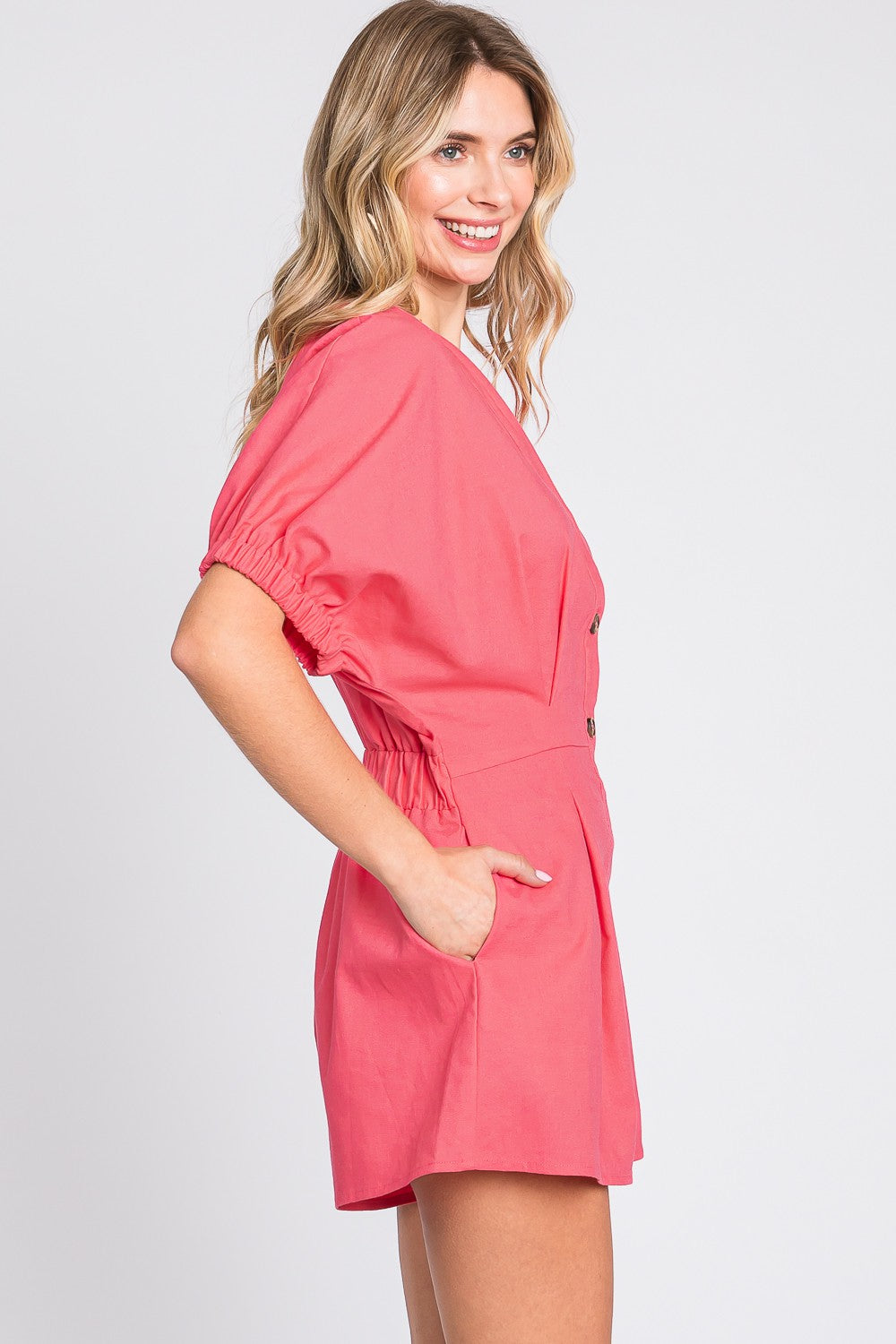 GeeGee Half Button V-Neck Linen Romper *