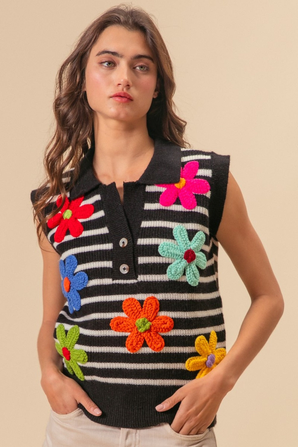 BiBi Flower Patch Striped Half Button Sweater Vest - Brand BiBi *