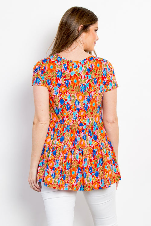 Be Stage Full Size Floral Short Sleeve Babydoll Top *