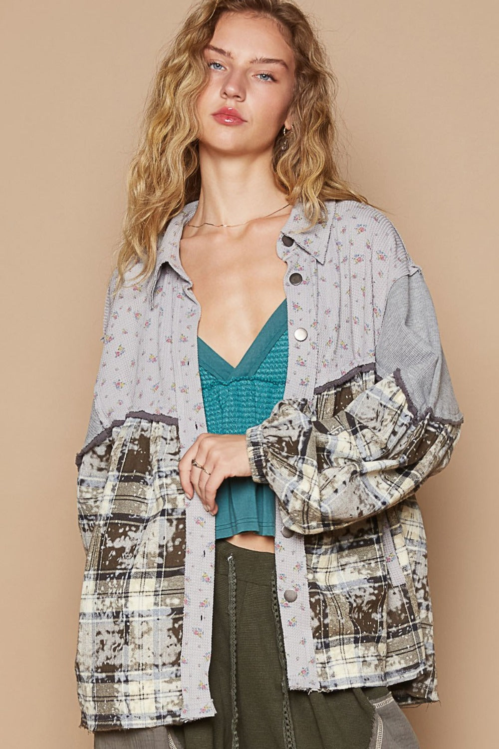 POL Balloon Sleeve Floral Color Block Plaid Shirt *