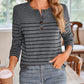 Quarter Button Striped Round Neck Long Sleeve T-Shirt