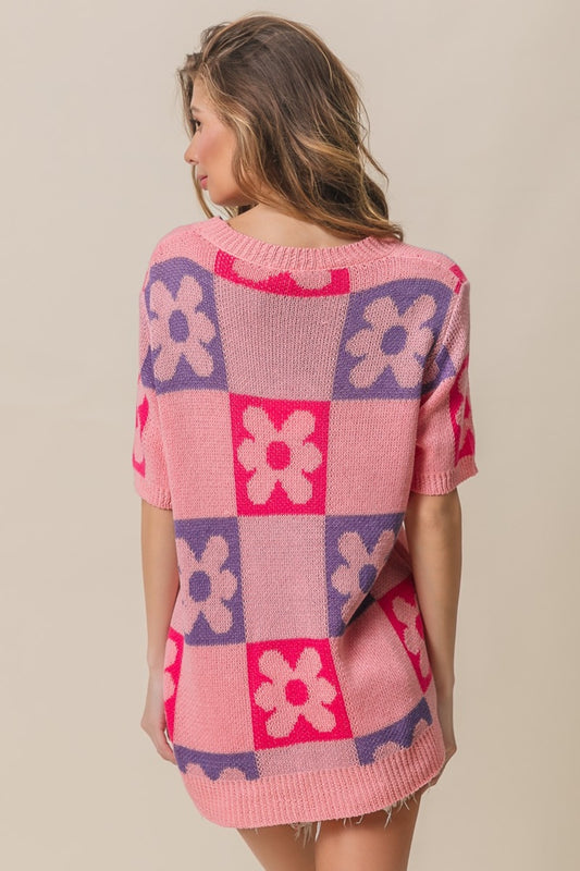 BiBi Flower Checker Pattern Short Sleeve Sweater - Brand BiBi