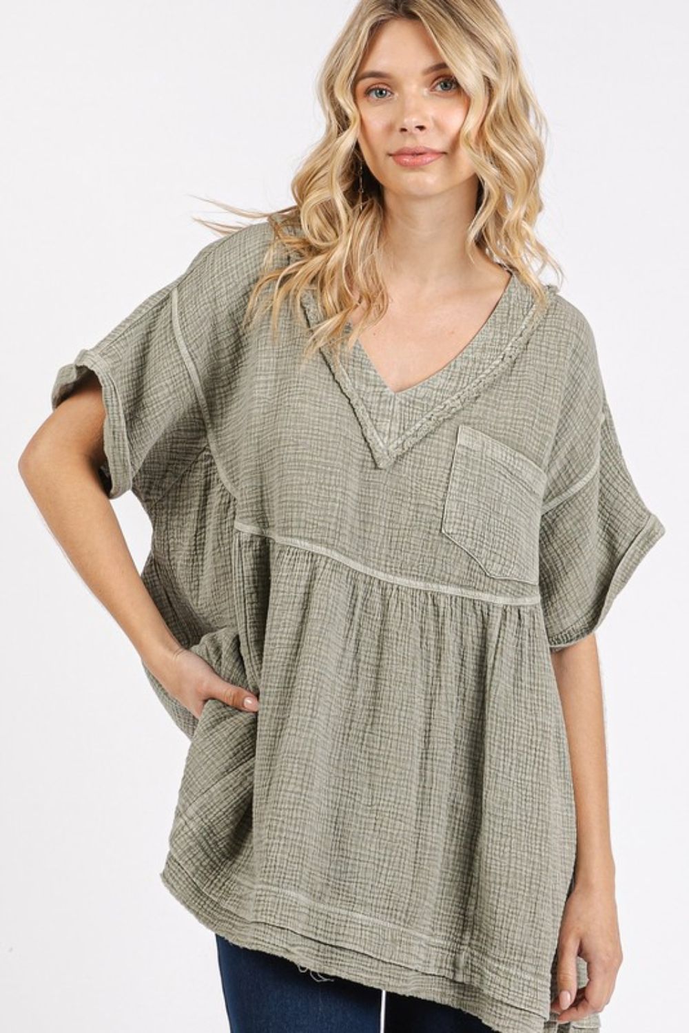 Mittoshop Mineral Wash Gauze Babydoll V-Neck Oversized Blouse