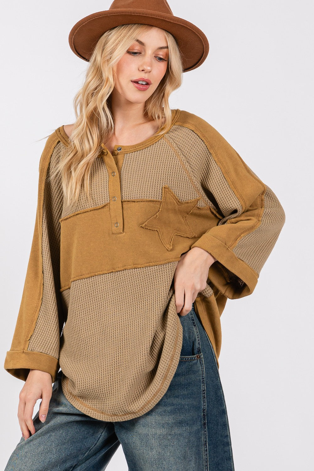 SAGE + FIG Star Applique Patch Exposed Seam Waffle Knit Top *