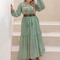 Plus Size Tassel Printed Tie Neck Long Sleeve Midi Dress