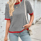 Lovelet Striped Contrast Round Neck Half Sleeve Knit Top