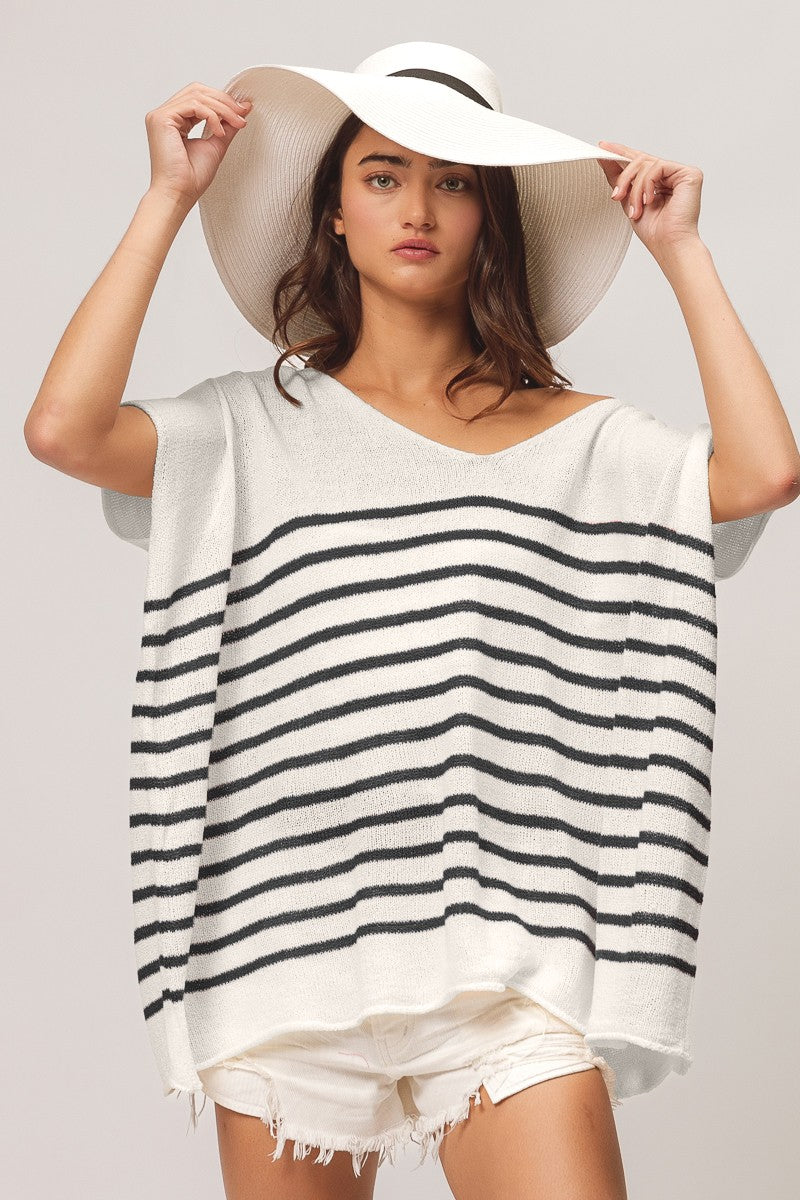 BiBi V Neck Striped Short Sleeve Top - Brand BiBi *