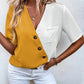 Full Size Decorative Button Surplice Short Sleeve Blouse