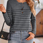 Quarter Button Striped Round Neck Long Sleeve T-Shirt