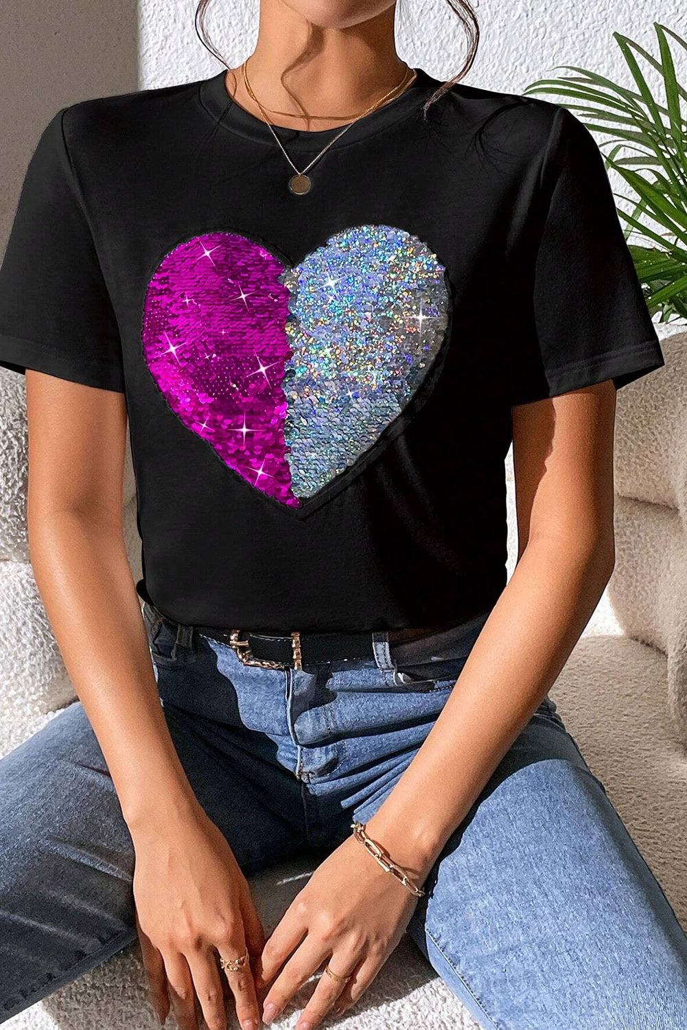 Full Size Heart Sequin Round Neck Short Sleeve T-Shirt