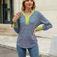 Contrast Striped Notched Long Sleeve Top