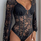 Perfee Lace V-Neck Long Sleeve Bodysuit