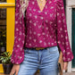 Ruffled Printed Notched Long Sleeve Blouse