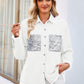 Raw Hem Button Up Long Sleeve Denim Jacket with Sequin Pockets