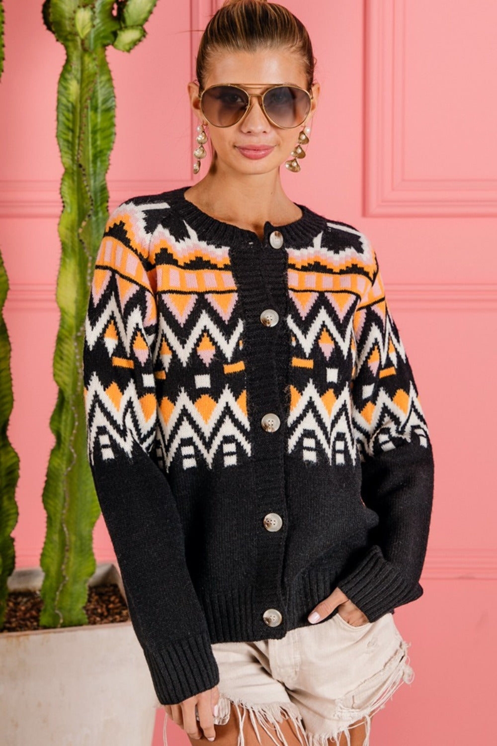 BiBi Ethnic Pattern Button Up Knit Cardigan - Brand BiBi