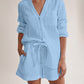 Notched Long Sleeve Top and Shorts Set