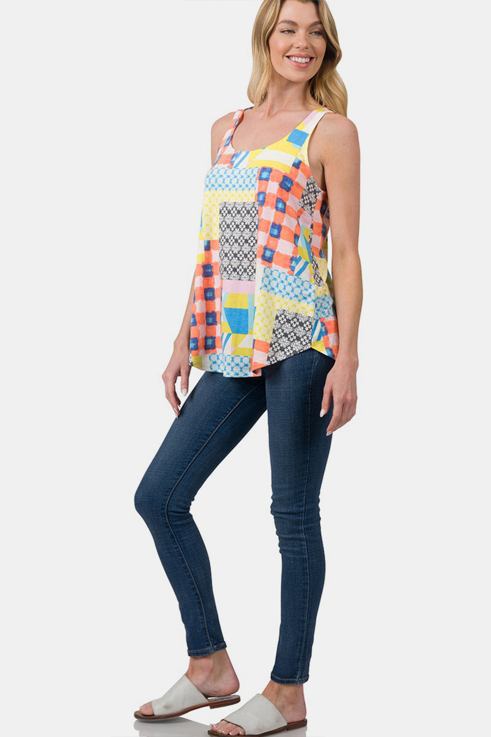 Zenana Printed Round Neck Orange Curved Hem Tank *