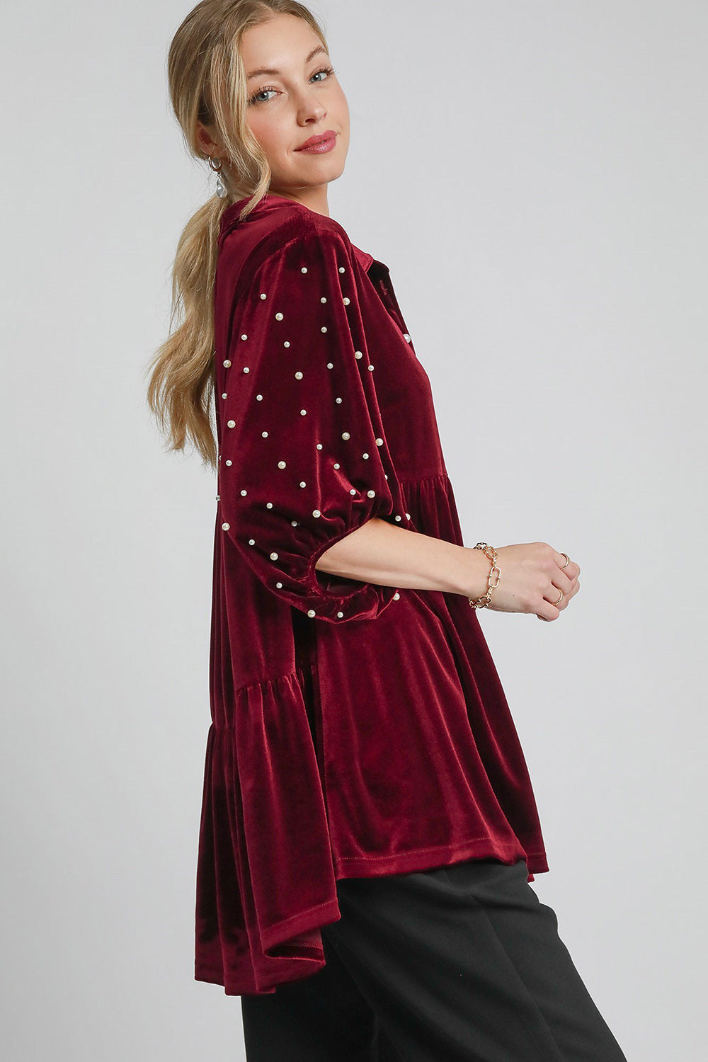 Umgee Pearl Detail Collared Neck Velvet Babydoll Blouse *