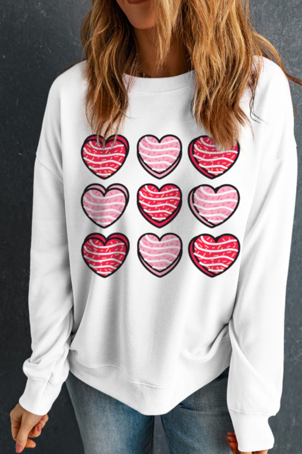 Valentine's Day Heart White Round Neck Long Sleeve Sweatshirt