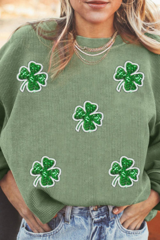 Sequin Lucky Clover Matcha Green Round Neck Long Sleeve Sweatshirt