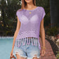 Openwork Cap Sleeve Knit Cover Up with Tassel