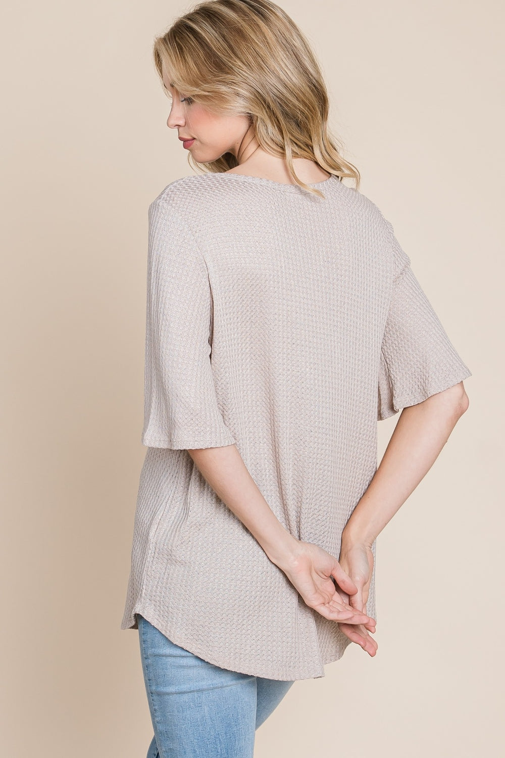 BOMBOM Round Neck Waffle Knit T-Shirt *