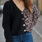 Contrast Button Up V-Neck Cropped Cardigan