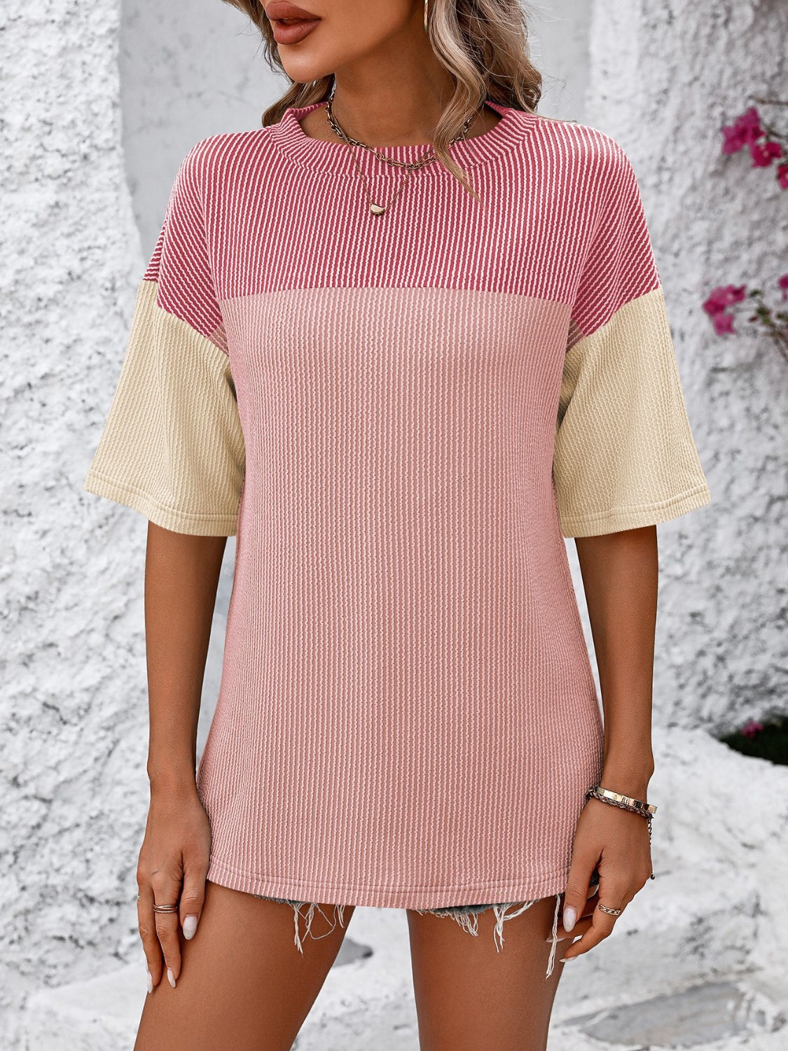 Full Size Color Block Round Neck Half Sleeve T-Shirt