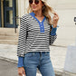Contrast Striped Notched Long Sleeve Top