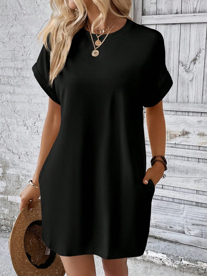 Full Size Round Neck Short Sleeve Mini Dress