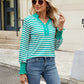 Contrast Striped Notched Long Sleeve Top