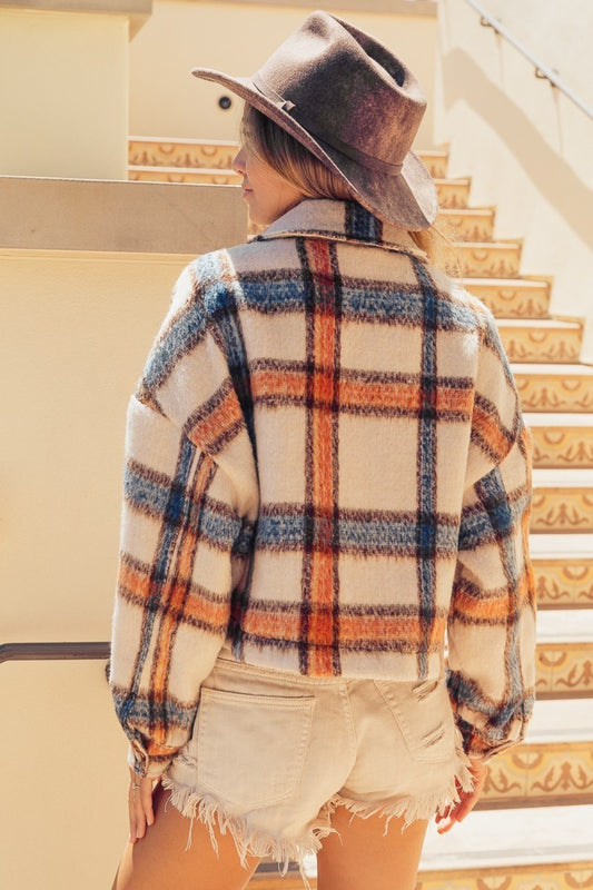 BiBi Brushed Plaid Crop Jacket with Pockets - Brand BiBi