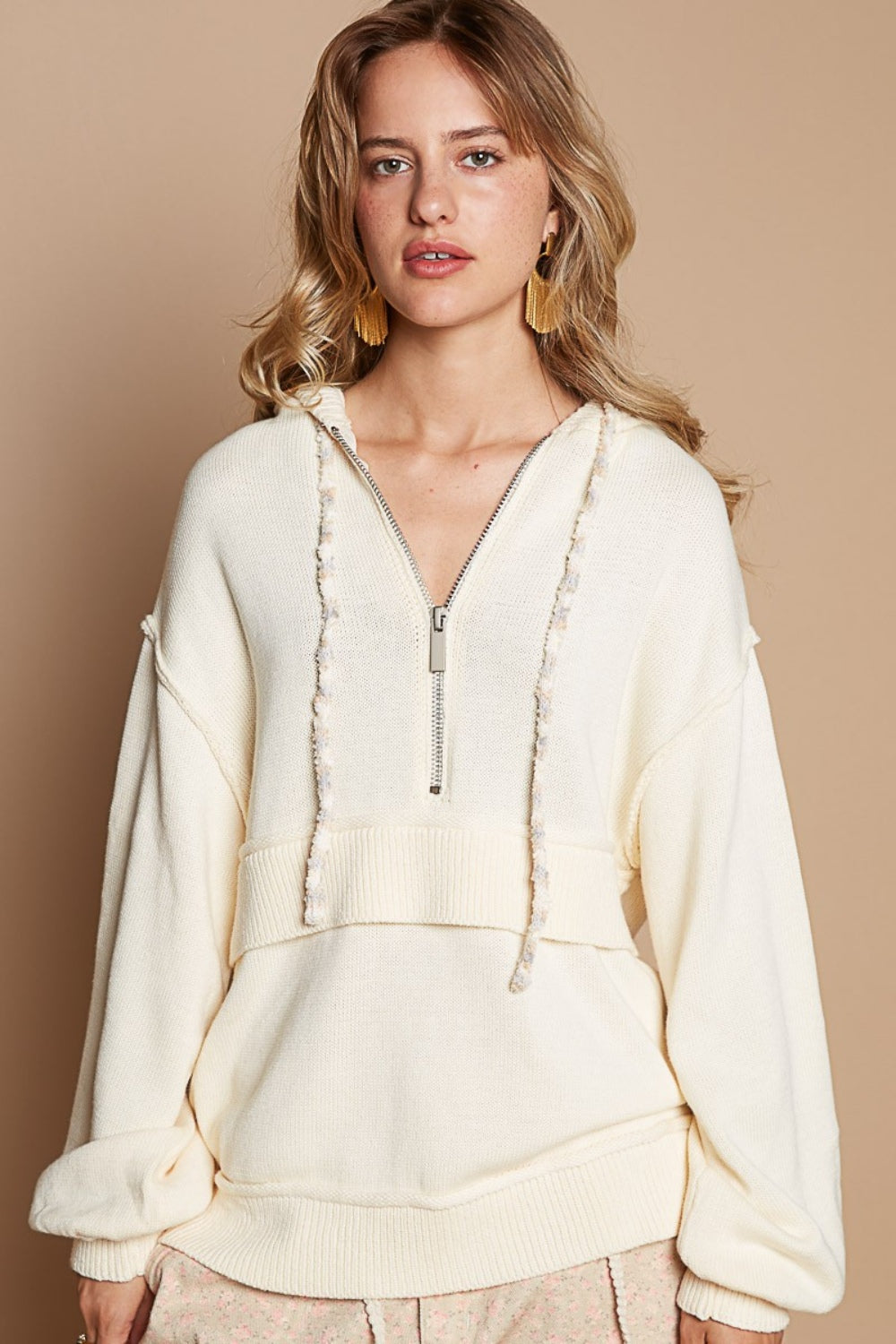 POL Half Zip Drop Shoulder Hooded Sweater *