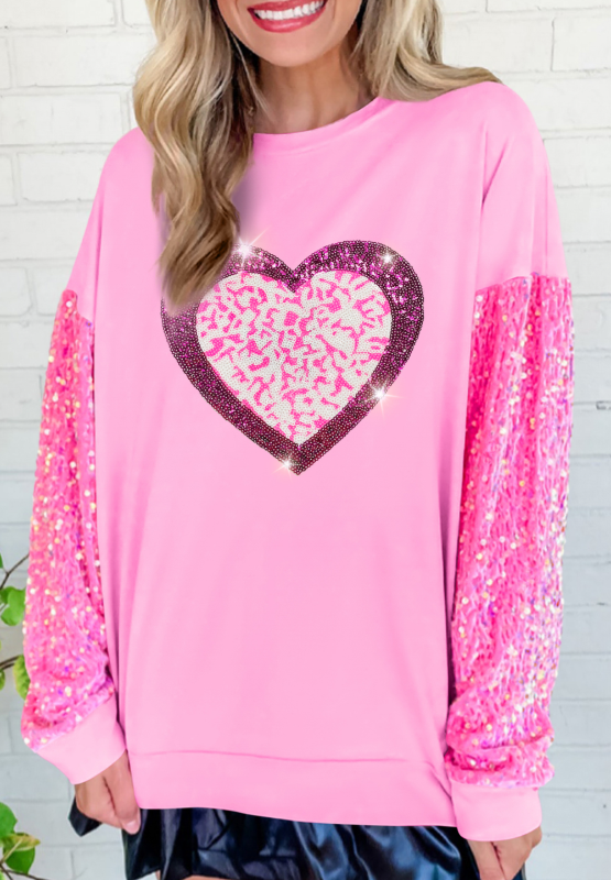 Valentine’s Day Pink Sequin Heart Long Sleeve Sweatshirt