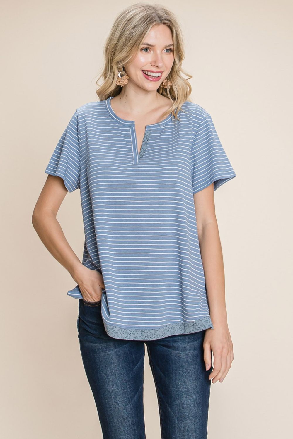 Cotton Bleu by Nu Lab Slit Striped Notched Short Sleeve T-Shirt *