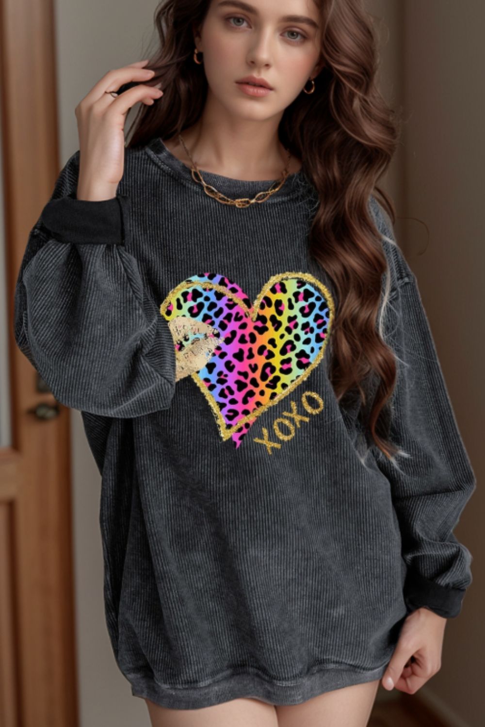 Dark Gray Leopard Heart Drop Shoulder Long Sleeve Sweatshirt