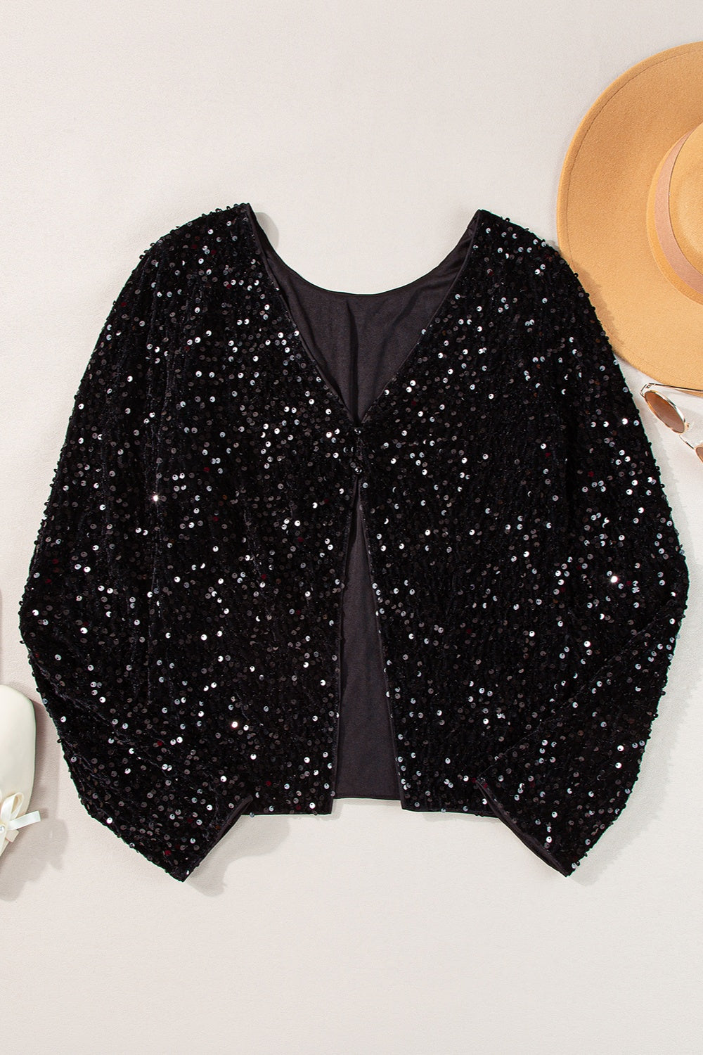 Black Sequin Round Neck Long Sleeve Blouse