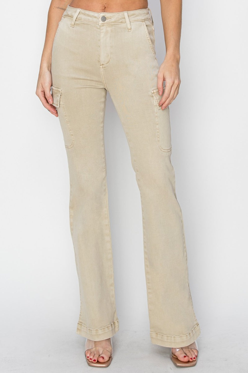 RISEN Full Size High Rise Side Slit Cargo Bootcut Jeans *