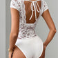 Perfee Lace Backless V-Neck Cap Sleeve Bodysuit