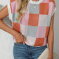 Mandy Checkered Round Neck Cap Sleeve Knit Top