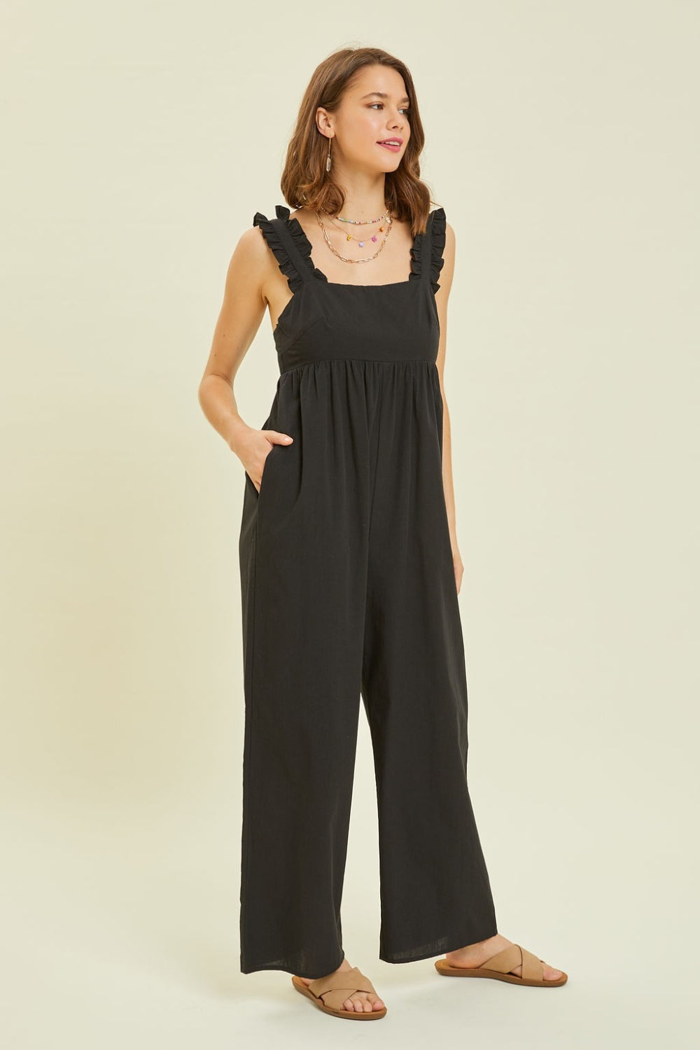 HEYSON Full Size Ruffled Strap Back Tie Wide Leg Jumpsuit *