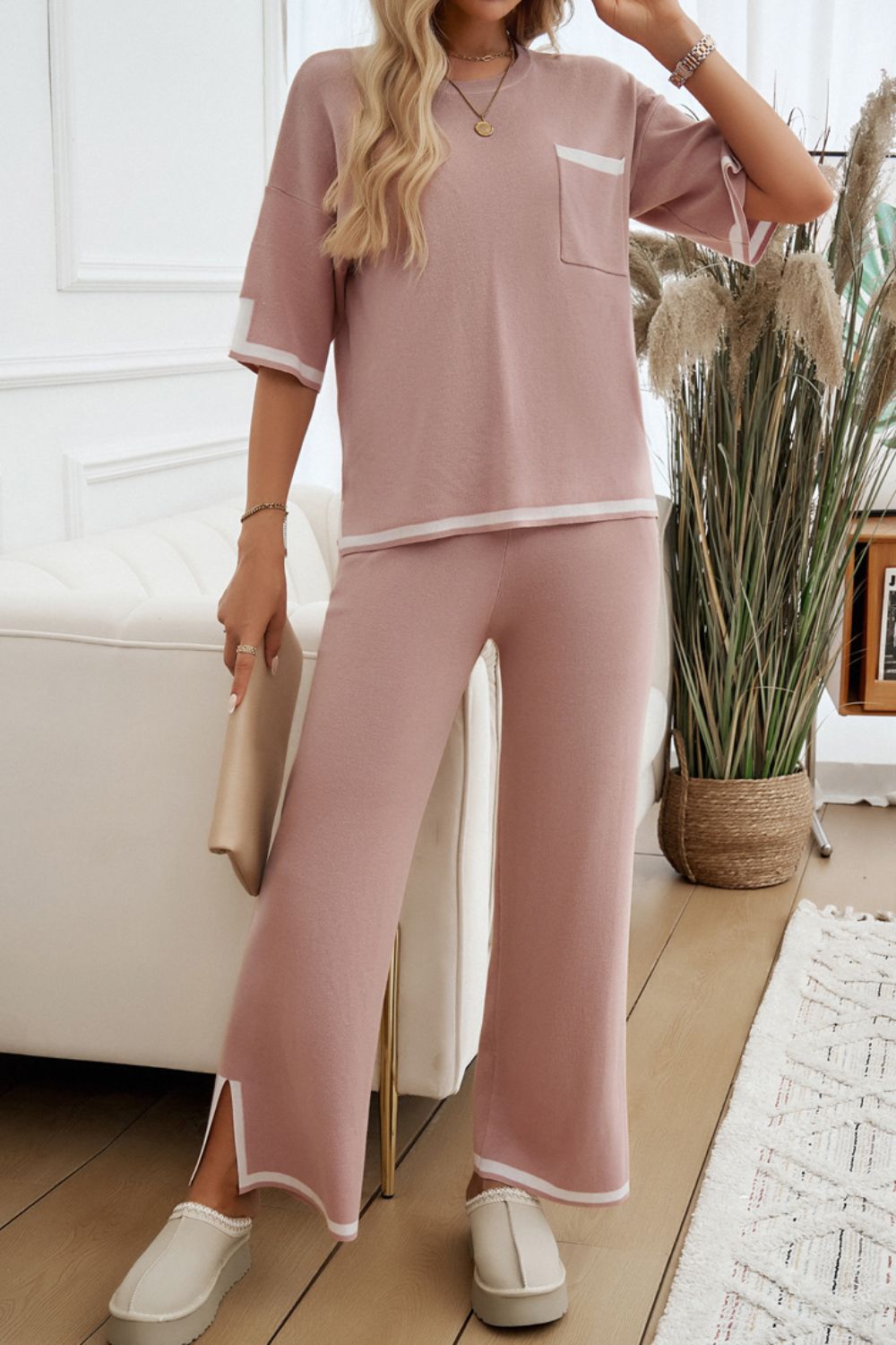 Devine Contrast Trim Half Sleeve Top and Pants Set