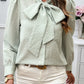 Pocketed Plaid Tie Neck Long Sleeve Shirt