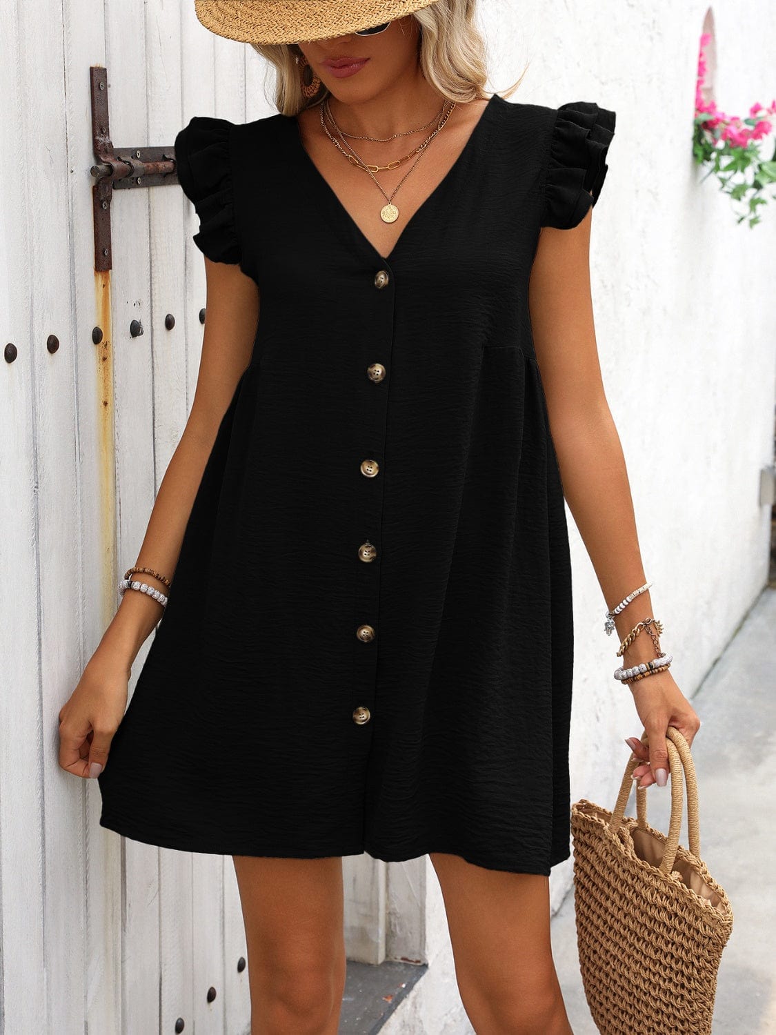 Full Size Button Up V-Neck Cap Sleeve Mini Dress