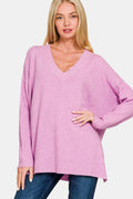 Zenana V-Neck Side Slit High-Low Sweater *