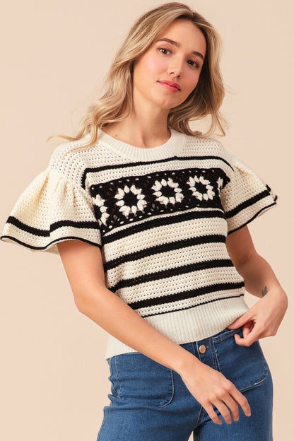 BiBi Granny Square Short Sleeve Striped Sweater - Brand BiBi