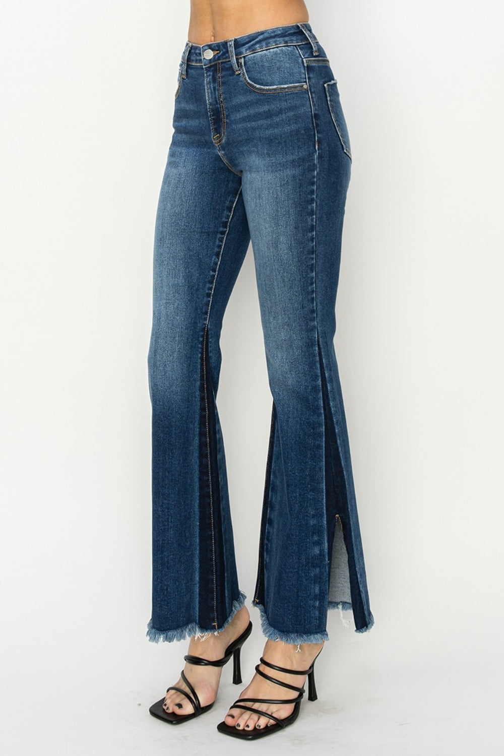 RISEN Full Size High Rise Side Shadow Seam Detail Slit Flare Jeans *