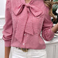 Pocketed Plaid Tie Neck Long Sleeve Shirt