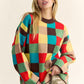 Davi & Dani Color Block Checkered Dropped Shoulder Sweater