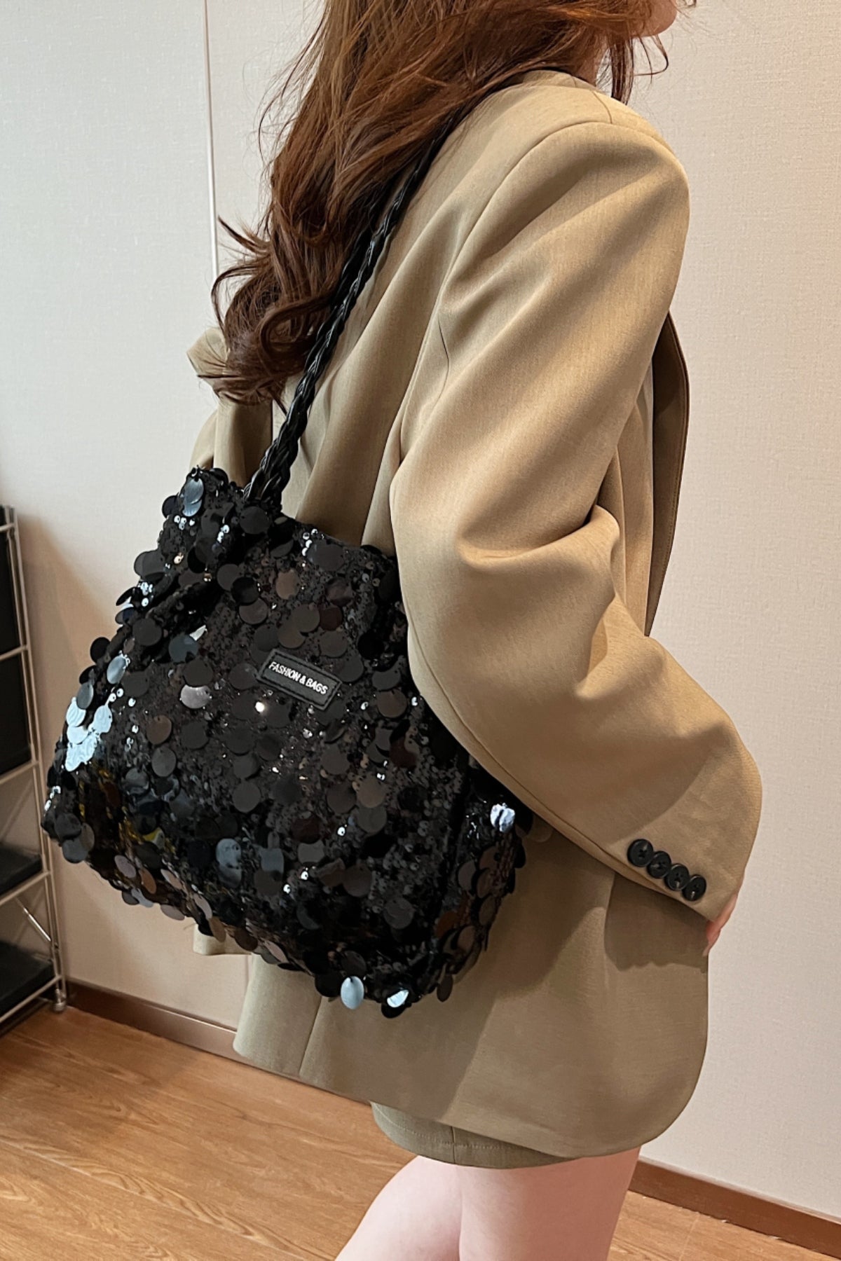 Sequin Braided Strap Shoulder Bag